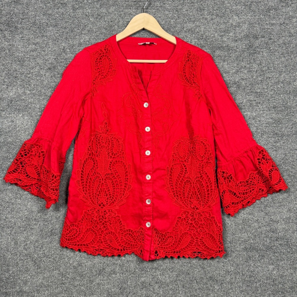 John Mark Sz Small Embroidered Blouse Ruby Red Linen Henley Buttons Bell Sleeves